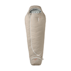 A beige mummy-style sleeping bag with a white zipper and small red logo details, shown against a plain white background.