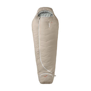 A beige mummy-style sleeping bag with a white zipper and small red logo details, shown against a plain white background.