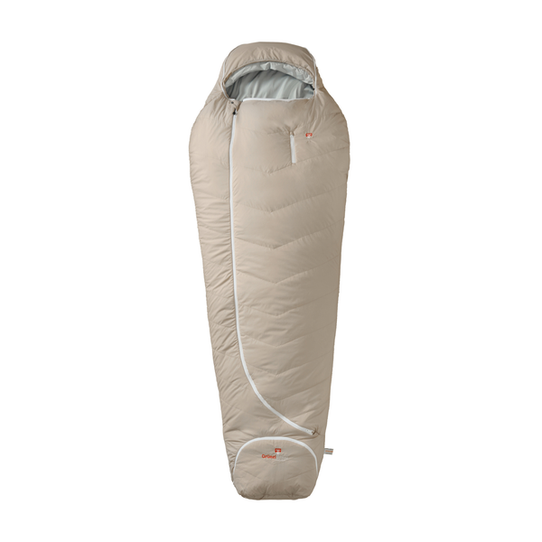 A beige mummy-style sleeping bag with a white zipper and small red logo details, shown against a plain white background.