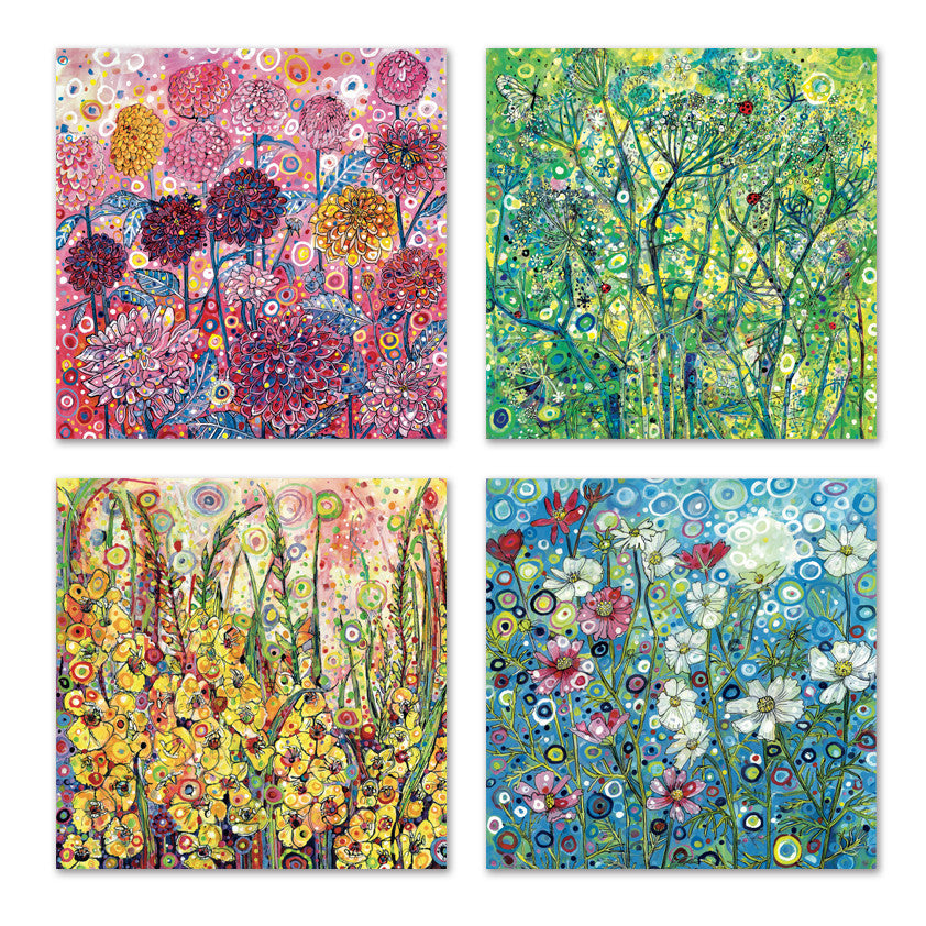 4 sets of blank greetings cards with bright artwork 
