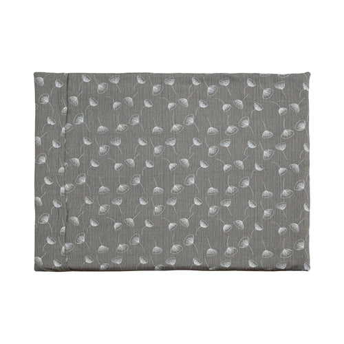 A black and white border collie sits upon a Chimney Sheep Luzury wool dog bed in the grey and white floral pattern. The wool dog bed sits upon some grass as the collie looks to the left with erect ears.