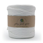 Spool of white yarn with a 'jolly good yarn' label on a white background