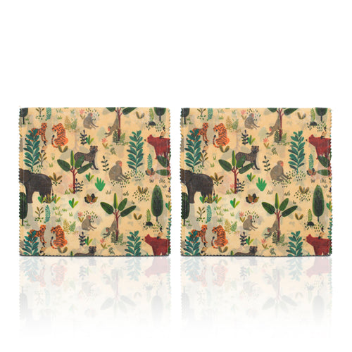 Wild Bees Bakery Wild Beeswax Wraps Sandwich Bags, featuring a brown kraft paper sleeve and two reusable fabric wraps with a colorful jungle animal print on a white background.