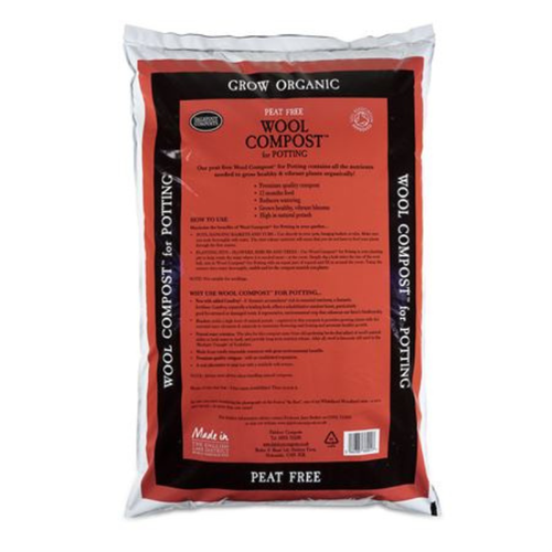 A bag of Wool Compost for Potting, featuring a red and black label on a white background.