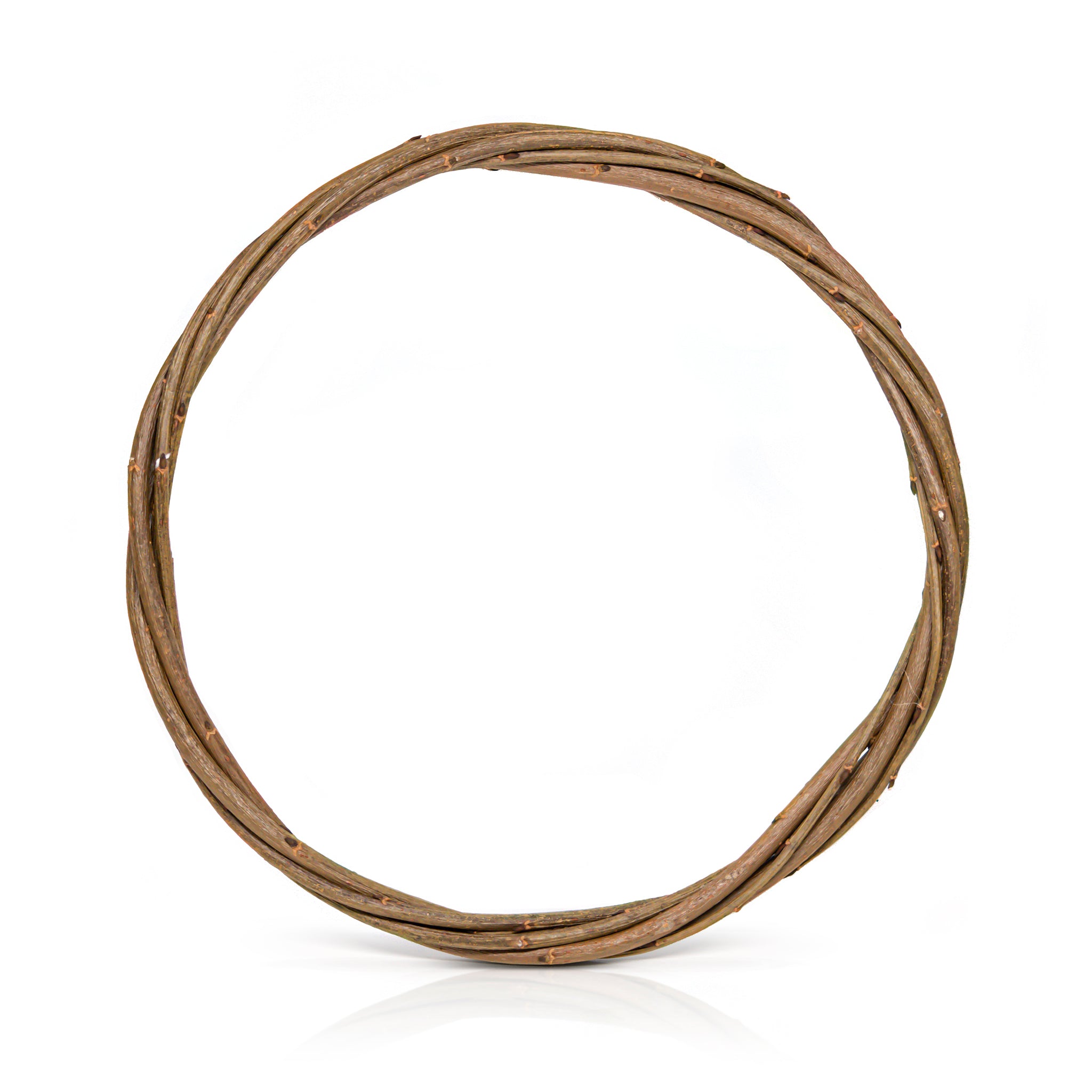 An intertwined brown willow wreath, stood on a white background