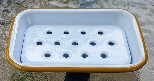 Blue rimmed enamel soap dish with removable drainage tray