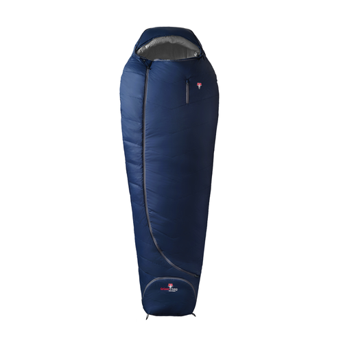 A dark navy blue sleeping bag with a gray interior lining, shown vertically against a plain white background. The sleeping bag features a zippered pocket on the upper side and a small red and white logo near the bottom.