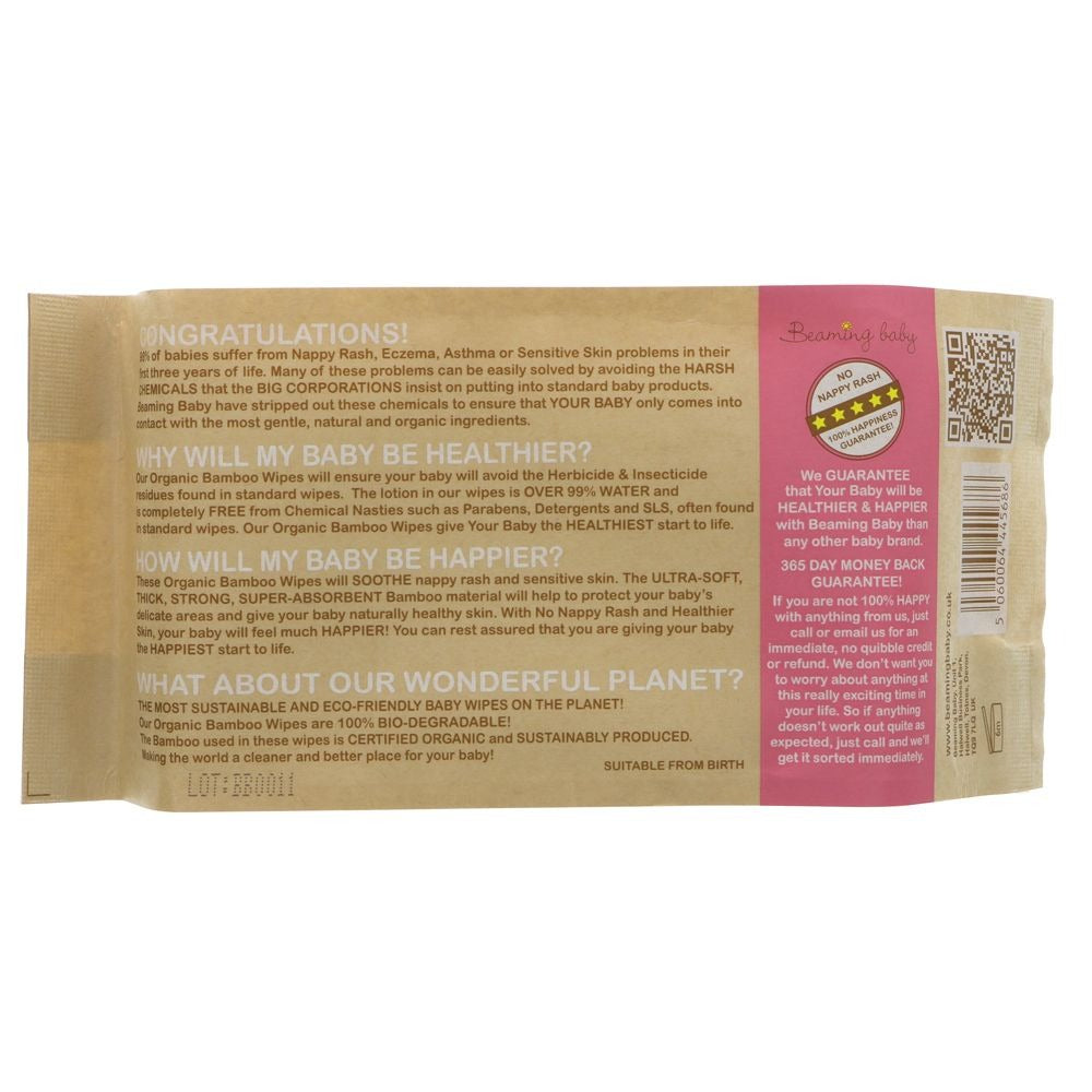 Back of Pack of 80 Beaming Baby 100% biodegradable bamboo baby wipes