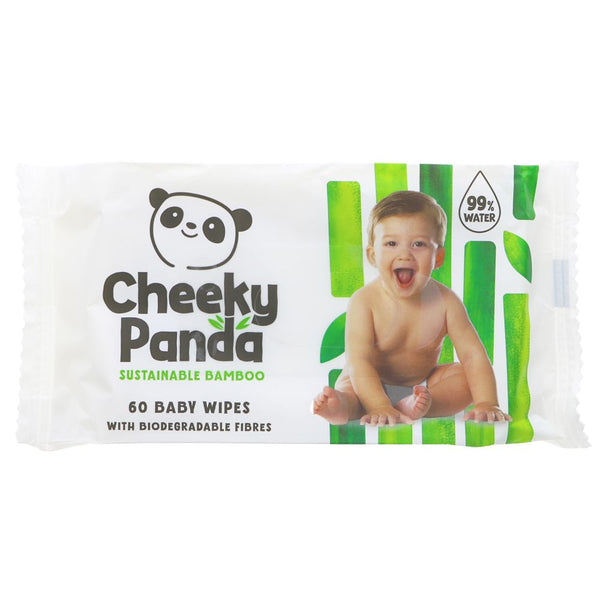 Pack of Cheeky Panda Baby Wipes with baby illustration on the front with green bamboo image behind.