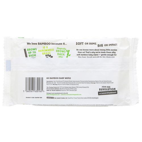 Pack of Cheeky Panda Baby Wipes with baby illustration on the front with green bamboo image behind.