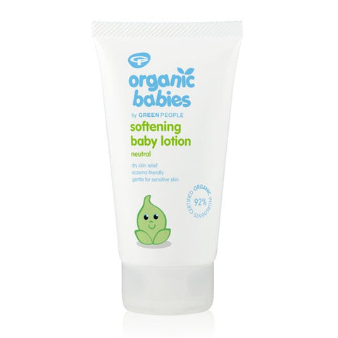 Green People softening baby lotion for sensitive skin. 150ml tube pictured on a white background