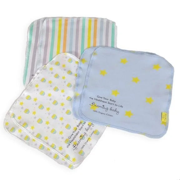 Beaming Baby Organic Cotton Wipes 6 Pack showing 3 designs on a white background 