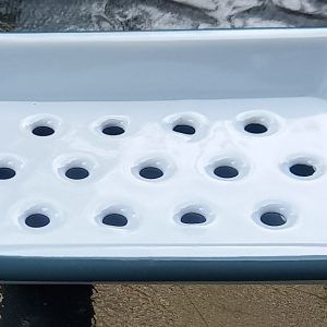 Blue rimmed enamel soap dish with removable drainage tray