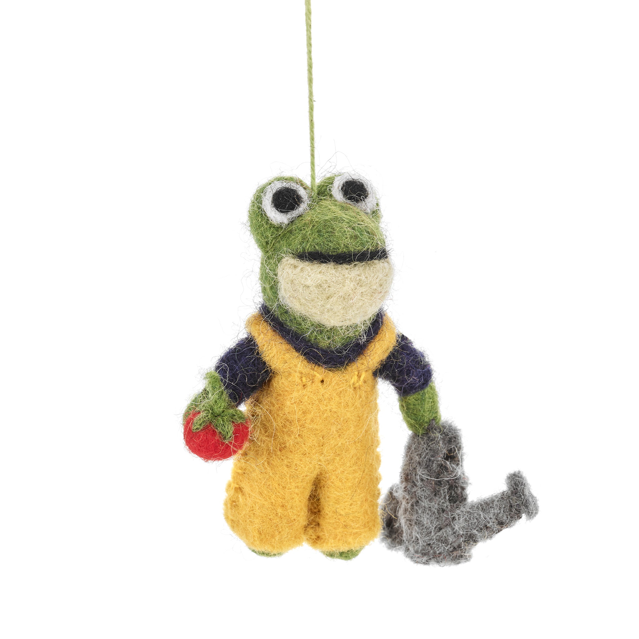 Felt So Good felted wool frog hanging decoration dressed in a a gardening outfit