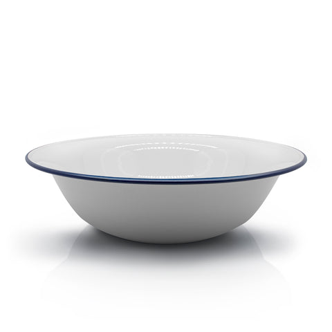Large plastic free white enamel bowl on white background