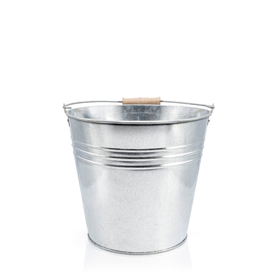 galvanised metal bucket with wooden handle elevated