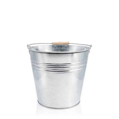 galvanised metal bucket with wooden handle elevated