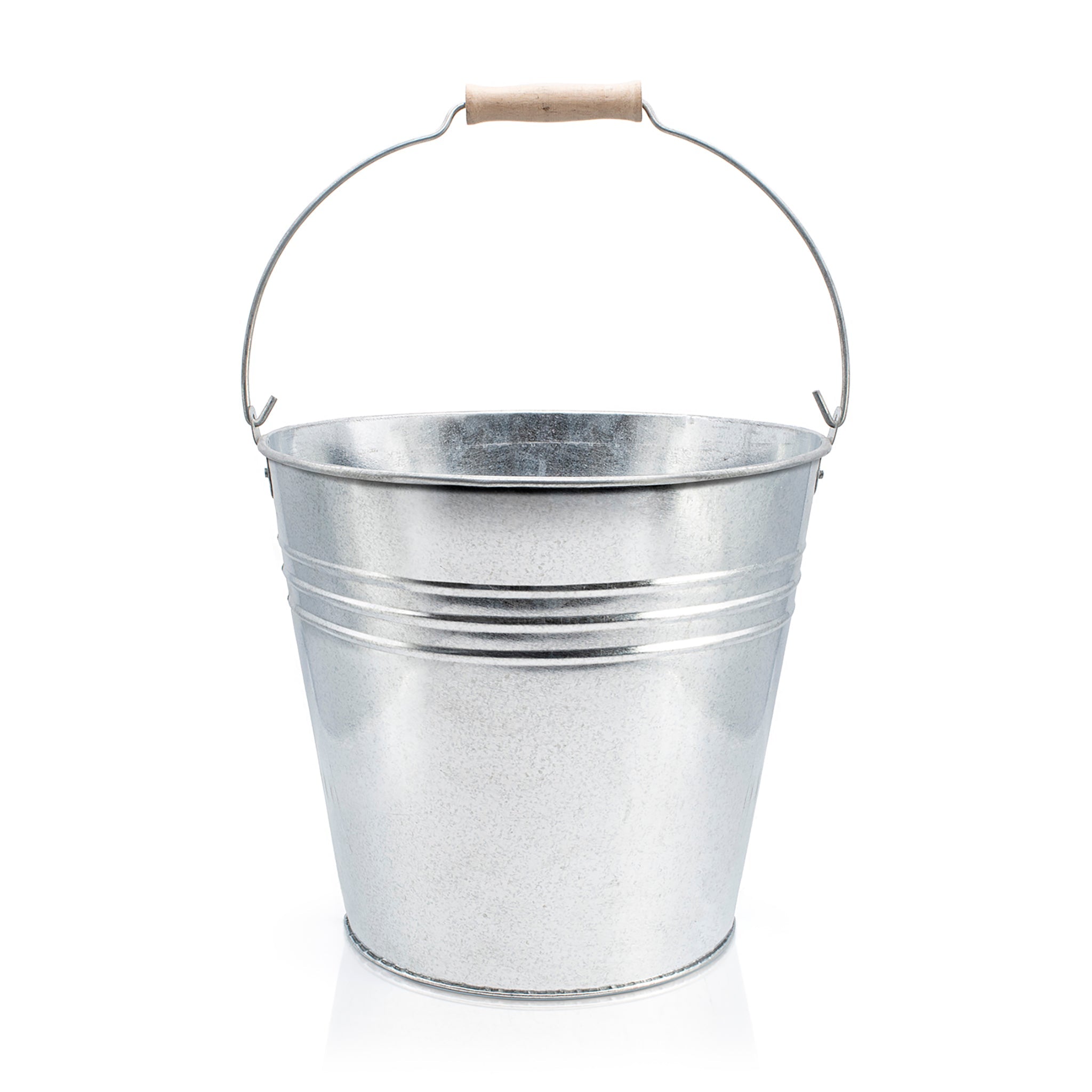 galvanised metal bucket with wooden handle elevated