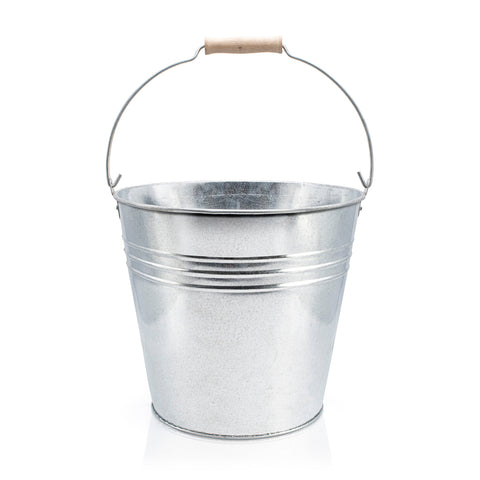 galvanised metal bucket with wooden handle elevated