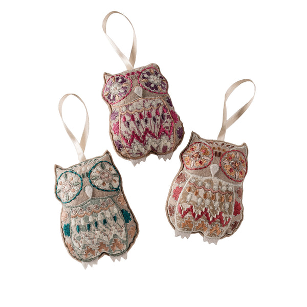 Namaste fairtrade embroidered owl hanging decorations.
