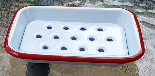 Blue rimmed enamel soap dish with removable drainage tray