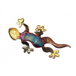 Recycled Tumia metal lizard decoration in iridescent  blue and pink.