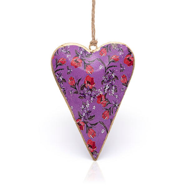 Namaste lilac hanging floral heart decoration, with Red flowers on a vine and little white flowers.