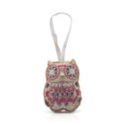 Pink embroidered hanging owl decoration with white hoop.