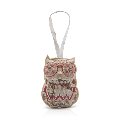 Namaste fairtrade embroidered owl hanging decorations.