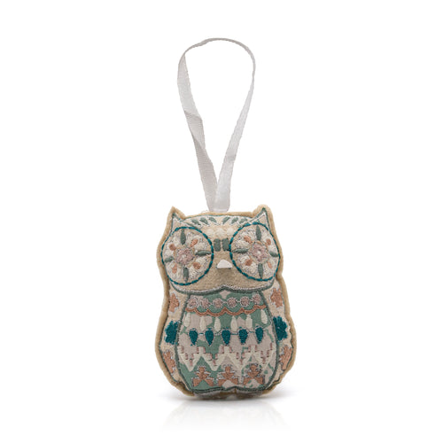 Namaste fairtrade embroidered owl hanging decorations.